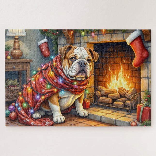 Puzzle Bouledogue assis près de la cheminée avec des lumi (Horizontal)