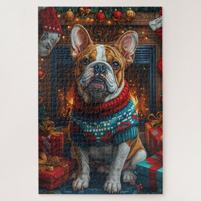 Puzzle Bouledogue avec cheminée de cadeaux de Noël (Vertical)