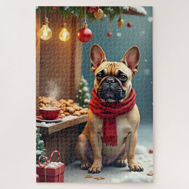Puzzle Bouledogue français au marché de Noël vintage (Vertical)