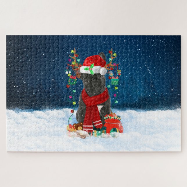 Puzzle Bouledogue français avec cadeaux de Noël (Horizontal)