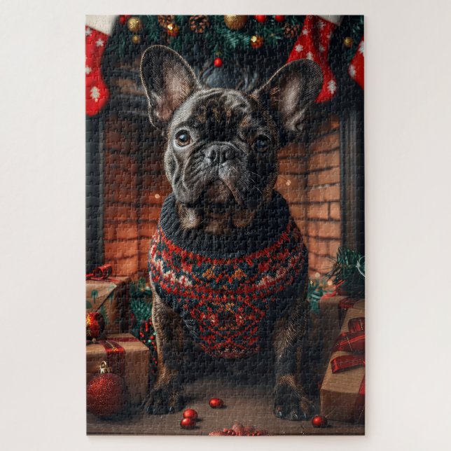 Puzzle Bouledogue français avec des cadeaux de Noël chemi (Vertical)