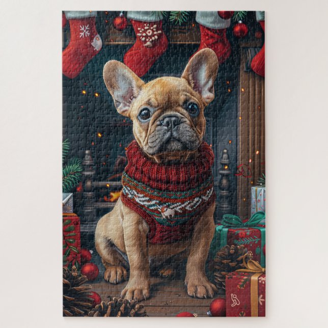 Puzzle Bouledogue français avec des cadeaux de Noël chemi (Vertical)