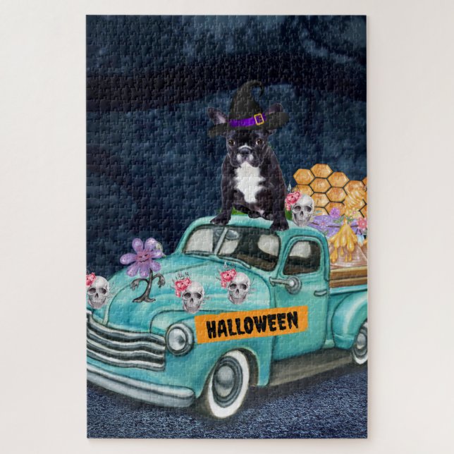 Puzzle Bouledogue français camion Halloween Nuit effrayan (Vertical)