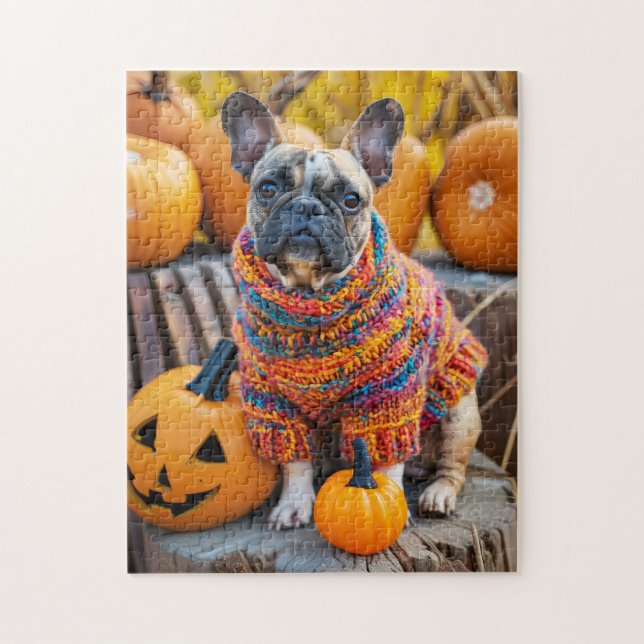 Puzzle Bouledogue français citrouilles d'automne (Vertical)