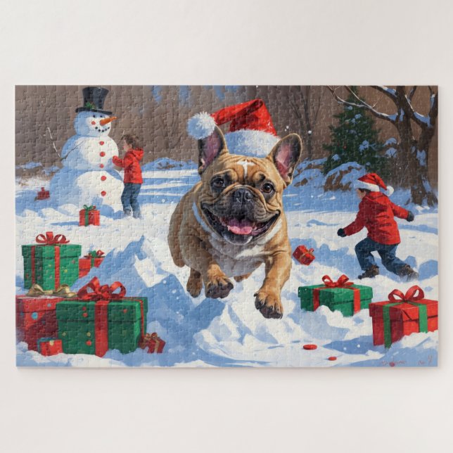 Puzzle Bouledogue français courant dans la neige avec un  (Horizontal)
