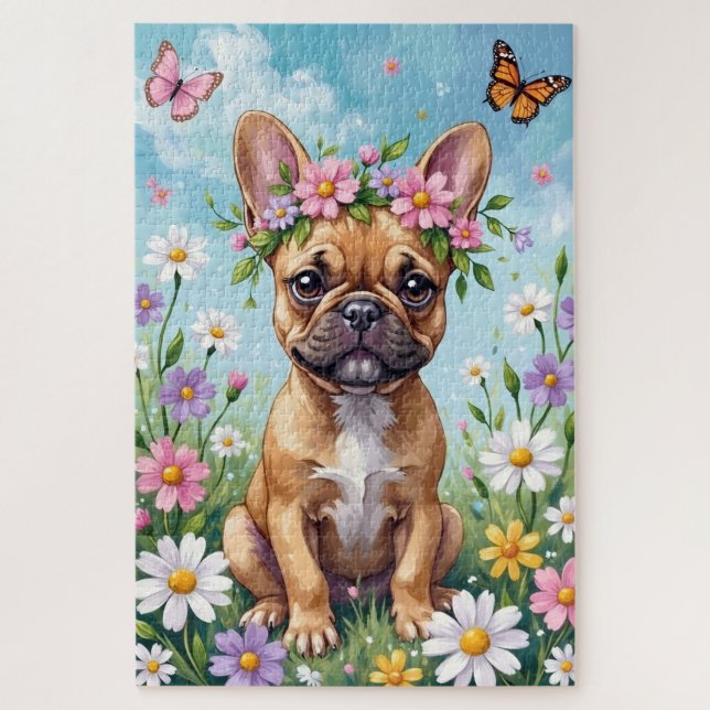 Puzzle Bouledogue Français Couronne de Fleurs Printanière (Vertical)