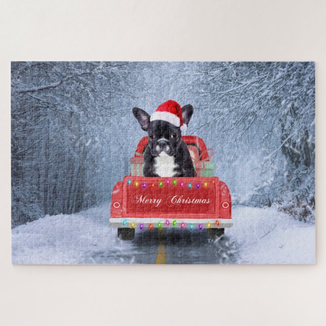 Puzzle Bouledogue français dans la neige assis dans un ca (Horizontal)