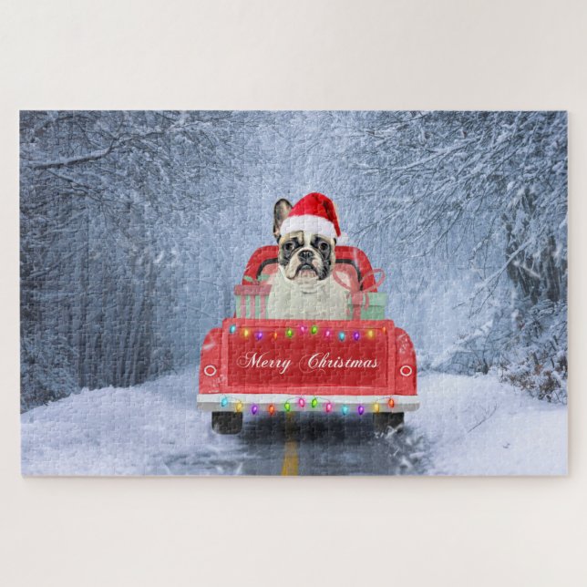 Puzzle Bouledogue français dans la neige assis dans un ca (Horizontal)
