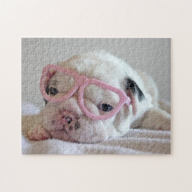 Puzzle Bouledogue français en verres de coeur (Horizontal)