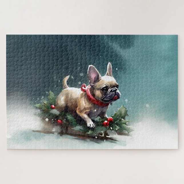 Puzzle Bouledogue français Noël neige hiver (Horizontal)