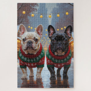Puzzle Bouledogues français Noël Neige Vacances