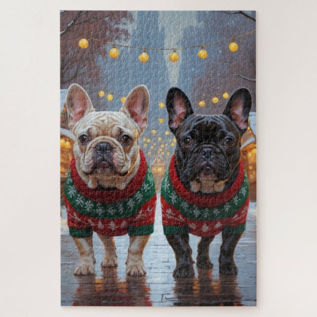 Puzzle Bouledogues français Noël Neige Vacances (Vertical)