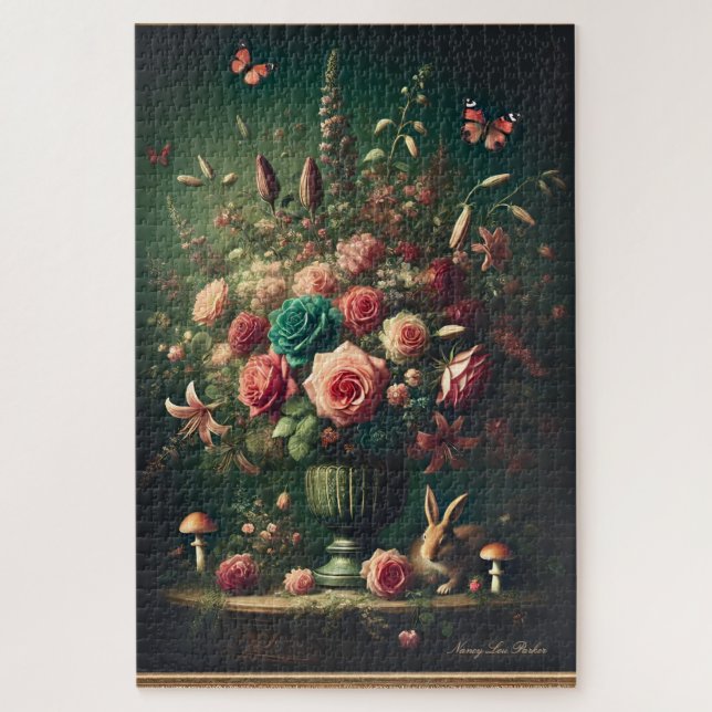 Puzzle Bouquet de champignon de lapin floral foncé (Vertical)