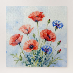 Puzzle Bouquet de coquelicot rouge aquarelle et de bleuet