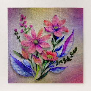 Puzzle Bouquet de fleurs à l'aquarelle, fond coloré