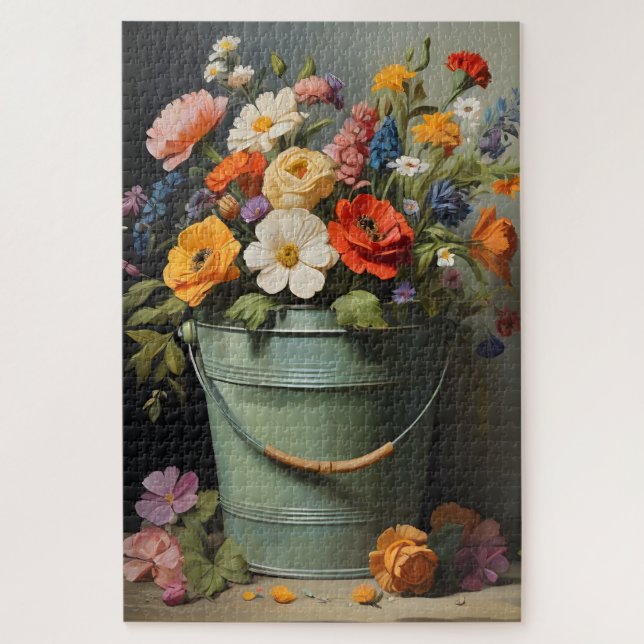 Puzzle Bouquet de fleurs d'été peintes dans un seau vert (Vertical)