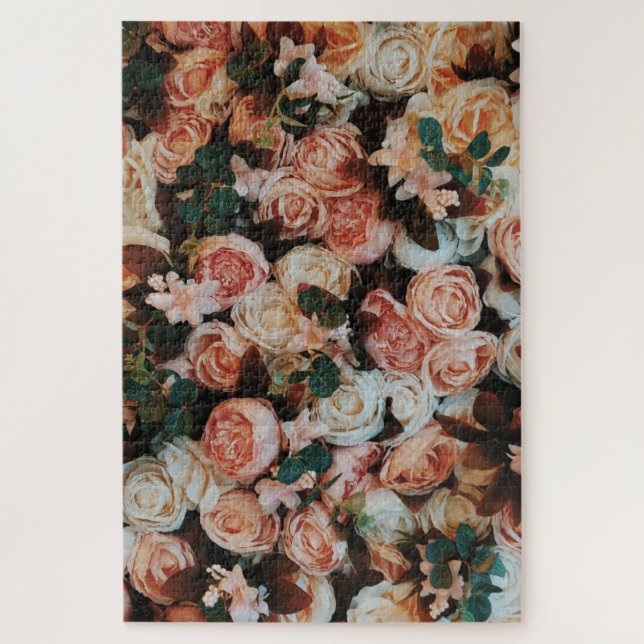 Puzzle Bouquet de roses roses et Feuilles verts (Vertical)