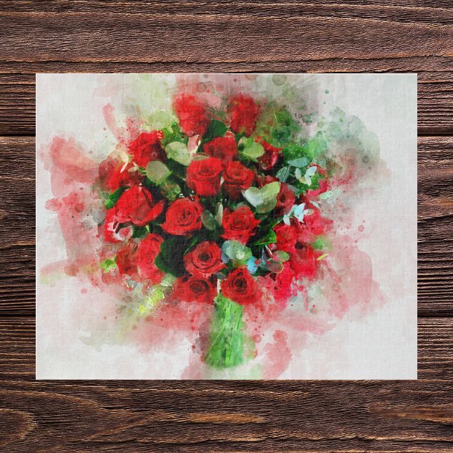 Puzzle Bouquet de roses rouges aquarelle sur fond blanc (Red Roses Bouquet Watercolor on White Background. Jigsaw Puzzle)