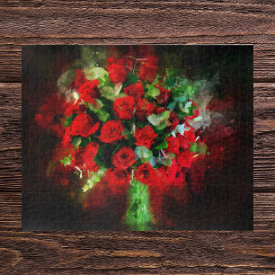 Puzzle Bouquet de roses rouges aquarelle sur fond noir