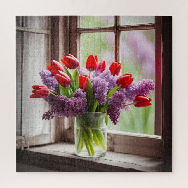 Puzzle Bouquet de tulipes rouges et de lilas (Vertical)