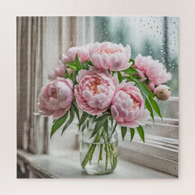 Puzzle Bouquet Peony rose par une fenêtre pluvieuse (Vertical)