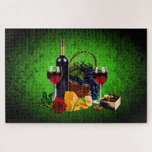 Puzzle Bouteille/raisin/panier, fromage, chocolat, vert