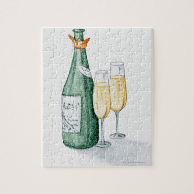 Puzzle Bouteilles de champagne et deux verres (Vertical)