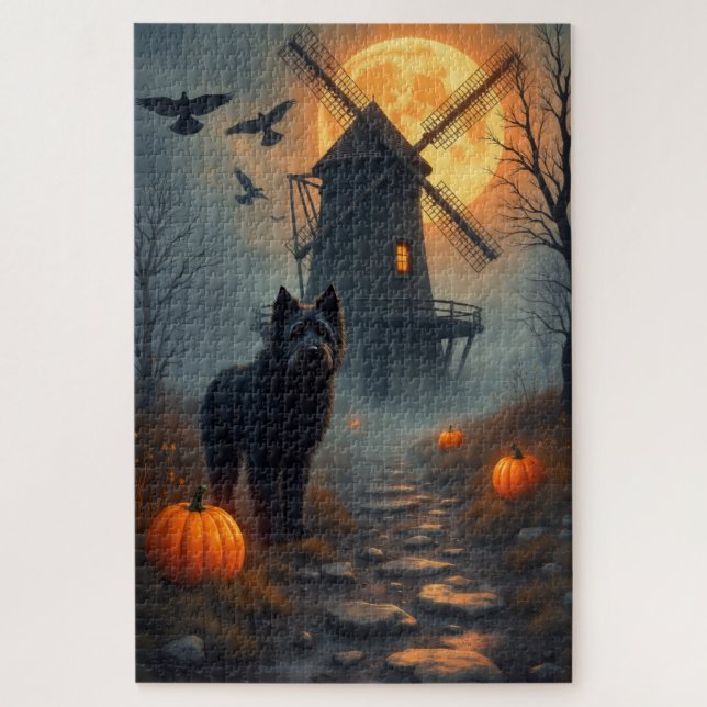 Puzzle Bouvier des Flandres Moulin Hanté Halloween  (Vertical)