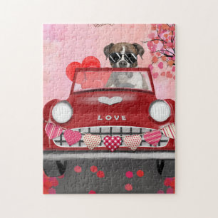 Puzzle Boxer Chien voiture avec les coeurs Valentine's