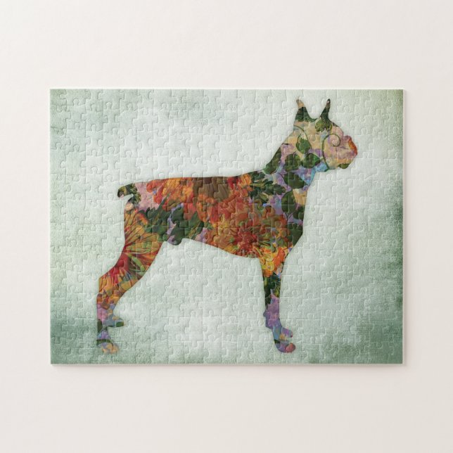 Puzzle Boxer Dog Floral On Green (Horizontal)