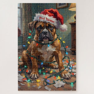 Puzzle Boxer empêtré dans les lumières de Noël Chapeau co