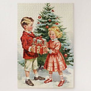 Puzzle Boy and girl giving each other Christmas presents