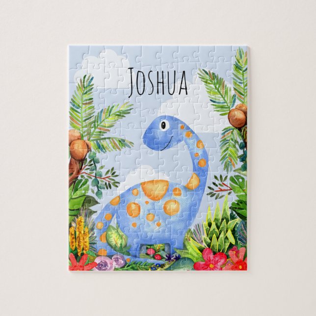 Puzzle Boys Cute Jungle Watercolor Dinosaur and Name Kids (Vertical)