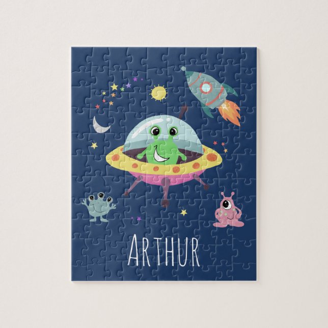 Puzzle Boys Cute Modern Space Alien Dessin et nom Enfants (Vertical)