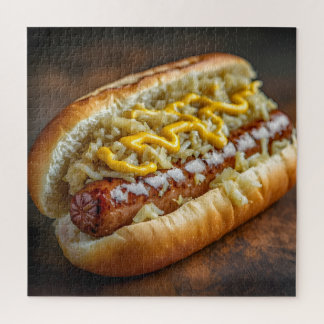 Puzzle Bratwurst Sausage with Mustard and Sauerkraut