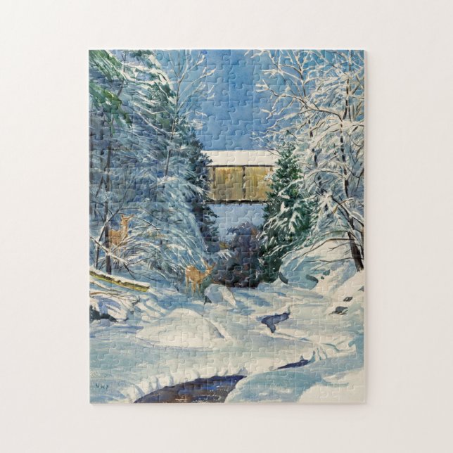 Puzzle Bridge covered with Snow and Deer at Stream (Vertical)