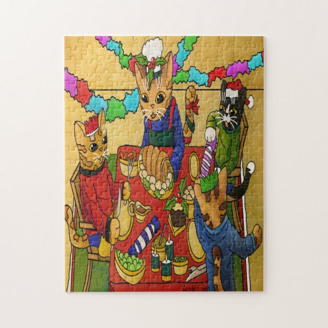 Puzzle British Christmas Dinner Cats (Vertical)