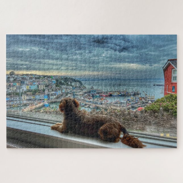Puzzle Brixham Rain: Cozy Harbor View & Puppy Friend (Horizontal)