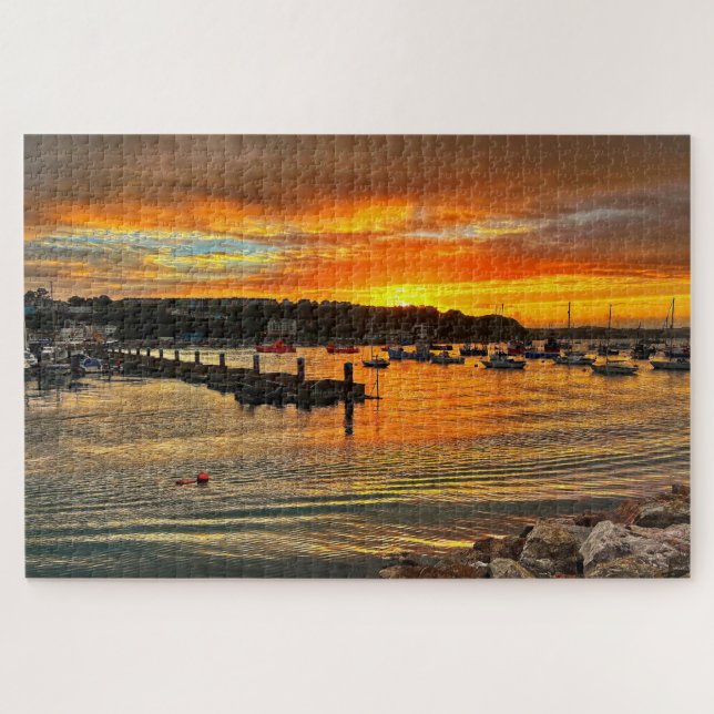 Puzzle Brixham Twilight: Fiery Sunset & Rocky Coast (Horizontal)