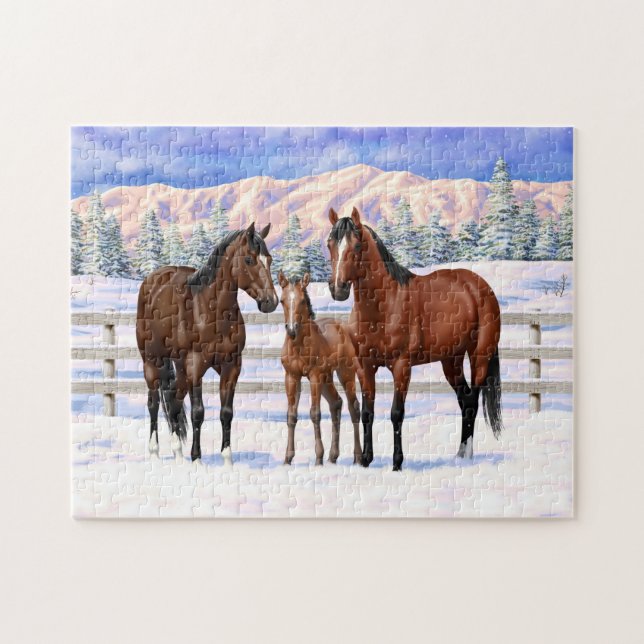 Puzzle Brown Bay Quarter Horses In Snow (Horizontal)