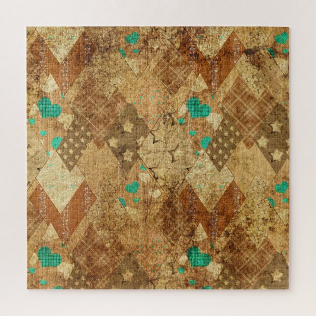 Puzzle Brown Grunge Quilt Stars Coeurs (Vertical)