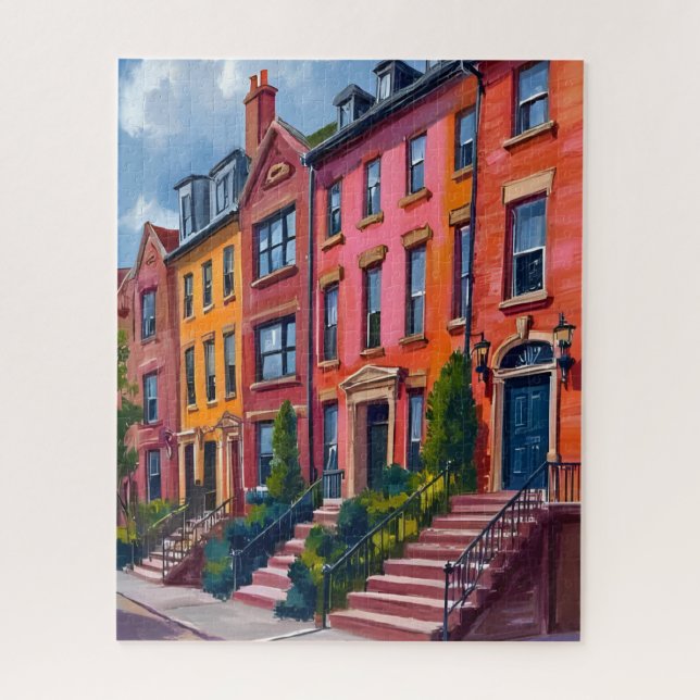Puzzle Brownstone City Street Watercolor Painting (Vertical)
