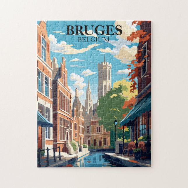 Puzzle Bruges Belgium Travel Illustration (Vertical)