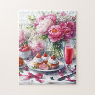 Puzzle Brunch élégant avec pâtisseries et pivoines