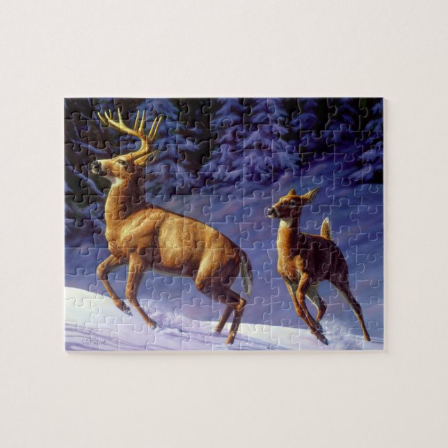 Puzzle Buck & Doe de cerf blanc en neige hivernale (Horizontal)