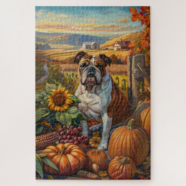 Puzzle Buldog Automne Harvest Thanksgiving (Vertical)