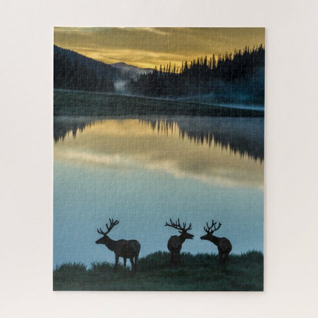 Puzzle Bull Elks Silhouetté Poudre Lac Sunrise (Vertical)