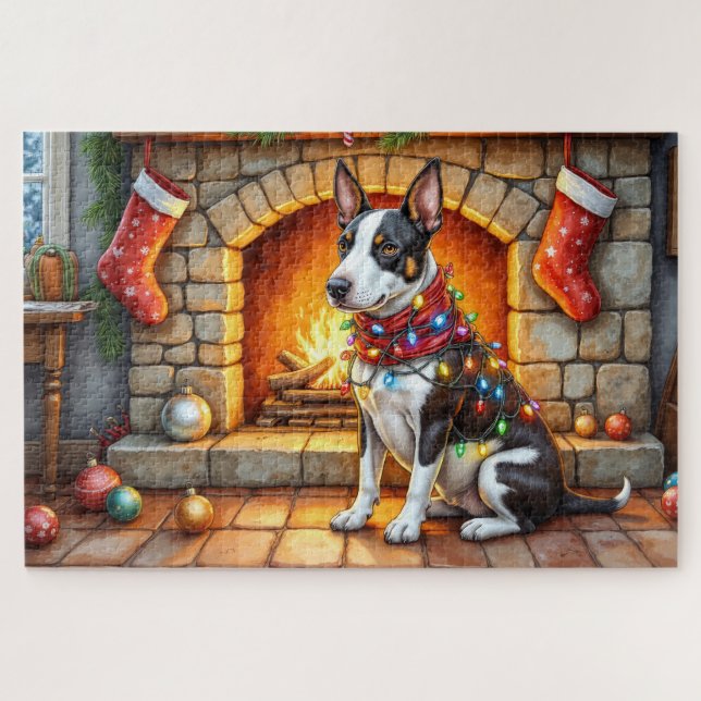 Puzzle Bull Terrier Cheminée avec Lumières de Noël (Horizontal)