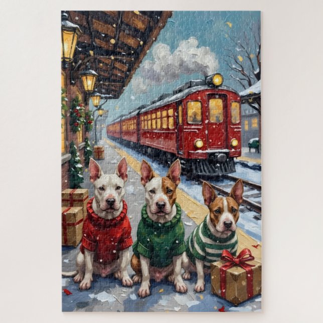 Puzzle Bull Terrier Christmas Vintage Train Holiday (Vertical)