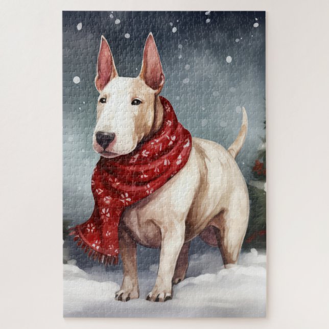 Puzzle Bull Terrier dans la neige de Noël  (Vertical)